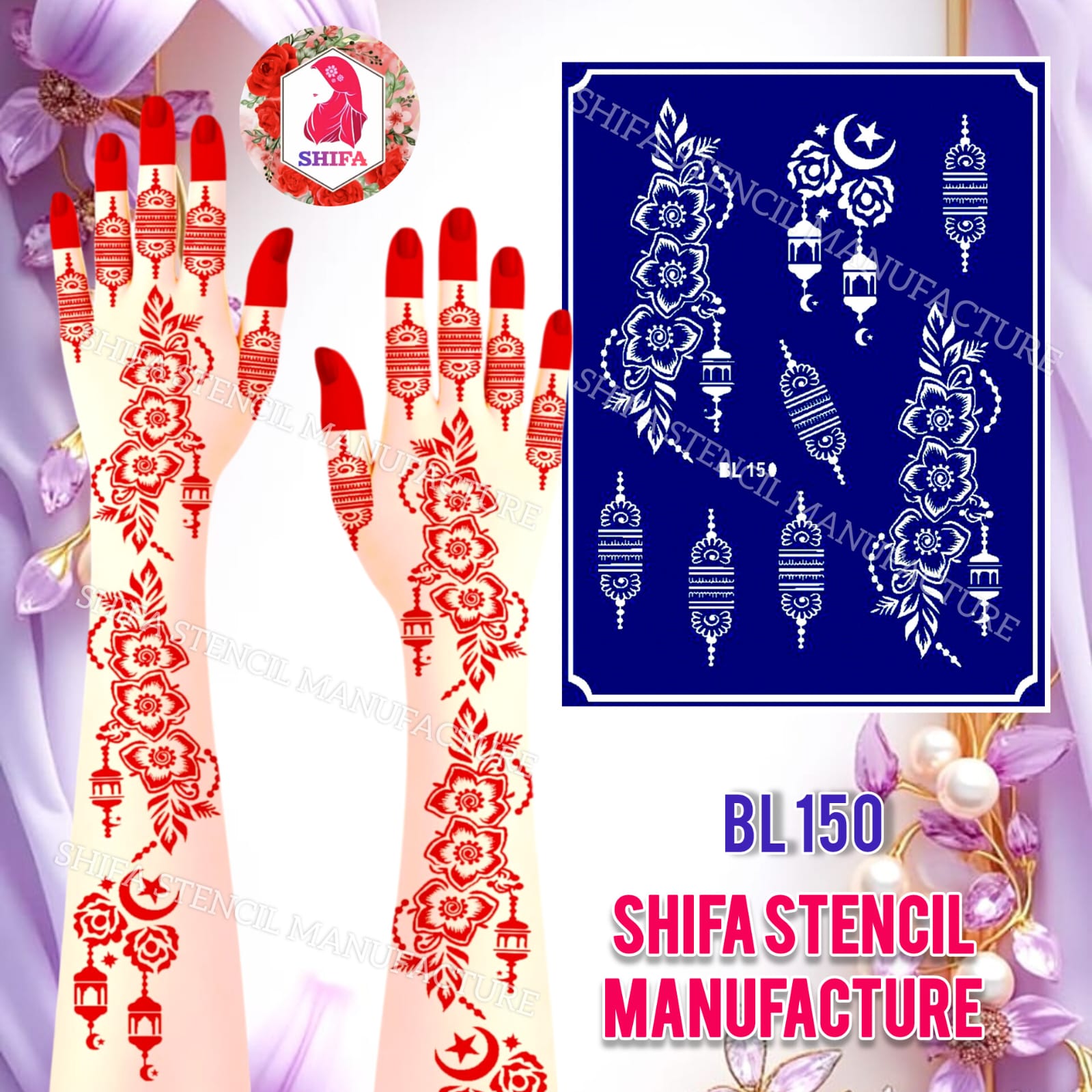 BL150 Royal Crescent Rose Symphony Double Hand Henna Stencil - Shifa Stencil